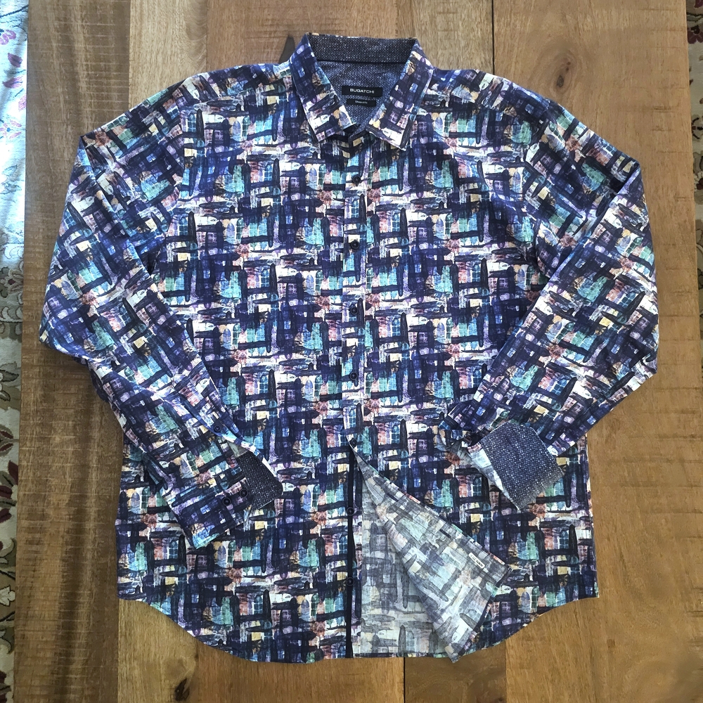 Bugatchi Blue and Black Casual Button Down Shirt Geometric Design
